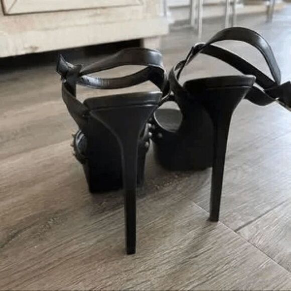 Saint Laurent Black Leather Studded 'Alice' Bow High-Heel Platform Sandals Size: - Picture 5 of 7